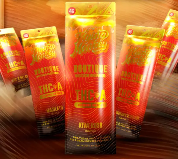 FLYING MONKEY BOUTIQUE INDOOR FLOWER 55% THCA DIAMOND INFUSED 2x2GM PRE-ROLLS - DISPLAY OF 10