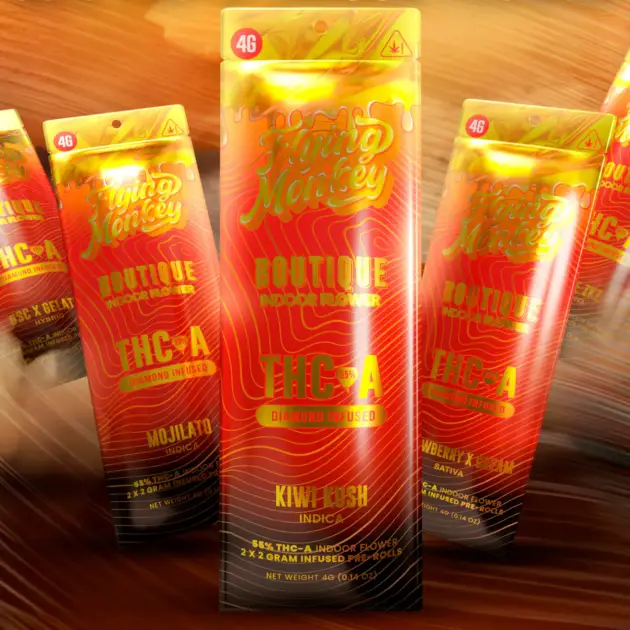 FLYING MONKEY BOUTIQUE INDOOR FLOWER 55% THCA DIAMOND INFUSED 2x2GM PRE-ROLLS - DISPLAY OF 10
