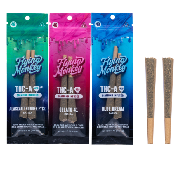 FLYING MONKEY THCA 42.0% DIAMOND INFUSED 2x2 GRAM PRE-ROLLS - DISPLAY OF 10